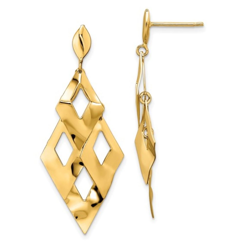 14k Yellow Gold Polished & Brushed Post Dangle Chandelier Diamond shape Earrings